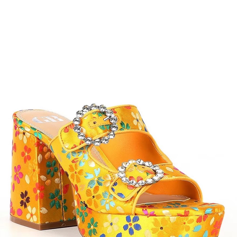 NWOB Dej- Vu Satin Jacquard Floral Rhinestone Buckle Platform Slide Sandals
